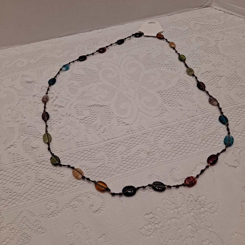 Beaded Glass Necklace On Knotted Cord Multi-color 20" Boho Chic